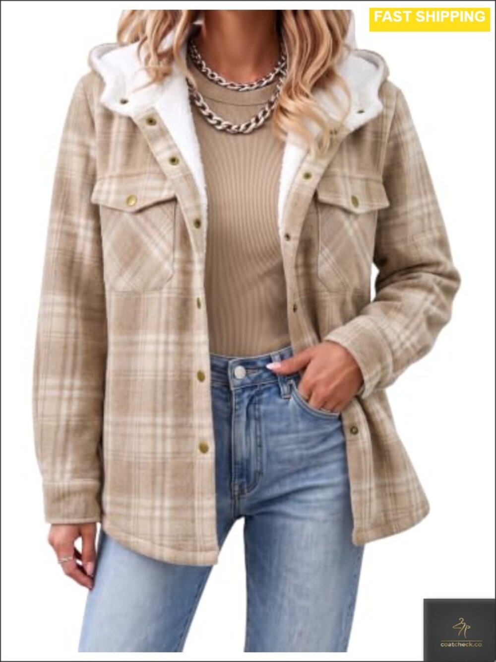 Sherpa Lined Hooded Plaid Shacket Button Down Fleece Jacket